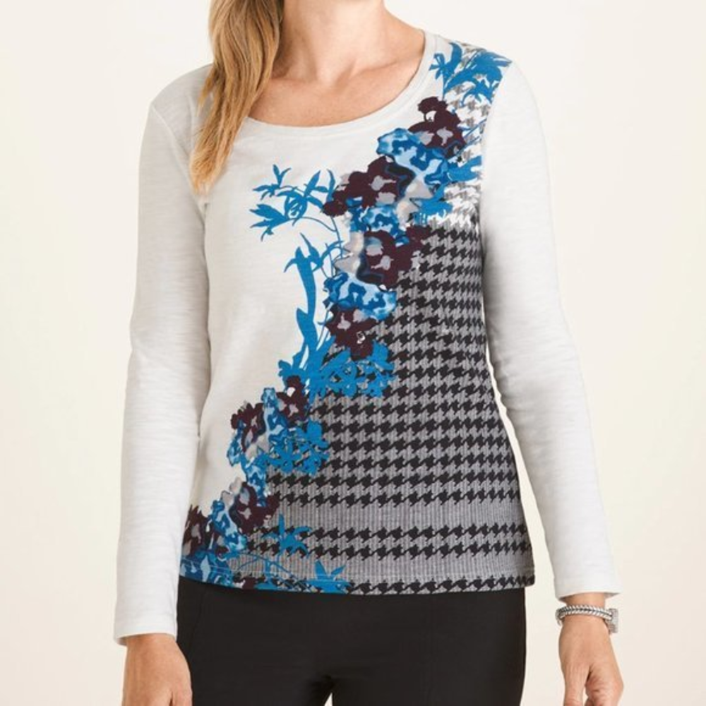 New Chico's Zenergy 1 White 100% Cotton Slub Knit Floral Houndstooth Top M 8 10